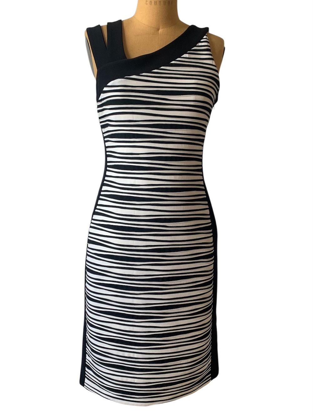 Joseph Ribkoff Black & White One-Shoulder Striped Sheath Dress